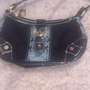 bp Black and Gray Logo Accent Shoulder Bag with Gold Hardware